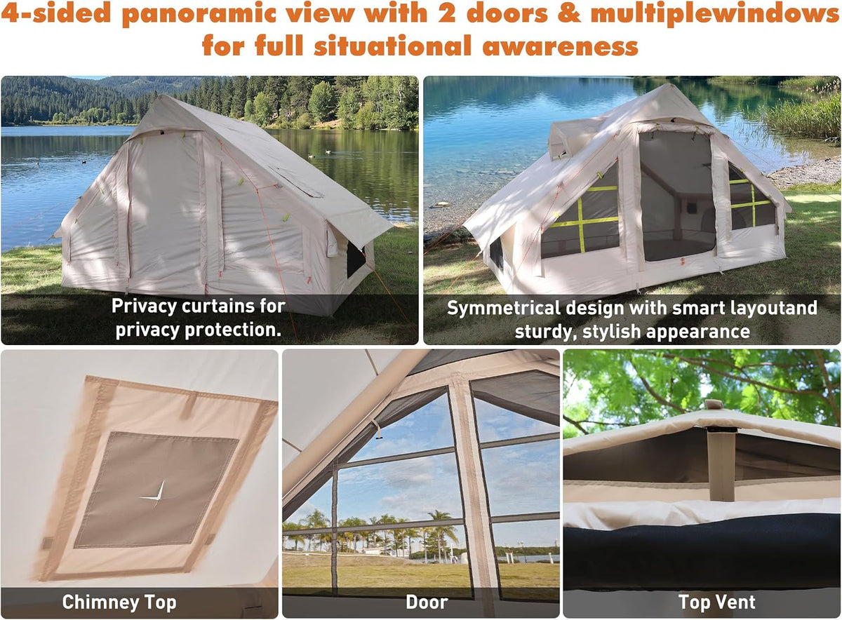 Inflatable Camping Tent for 4/6/8/10 Person, 4 Season Waterproof Blow Up Tent with Stove Jack & Skylight, Easy Setup Air Tent for Glamping & Family Camping