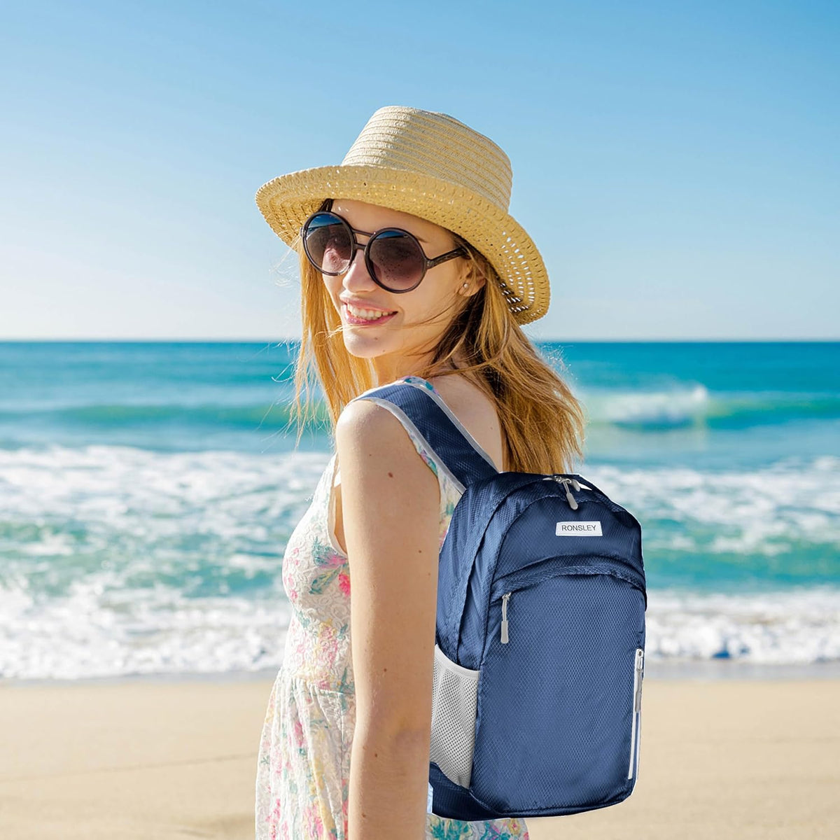 Waterproof Foldable Hiking Backpack, Lightweight Beach Bag DarkBlue