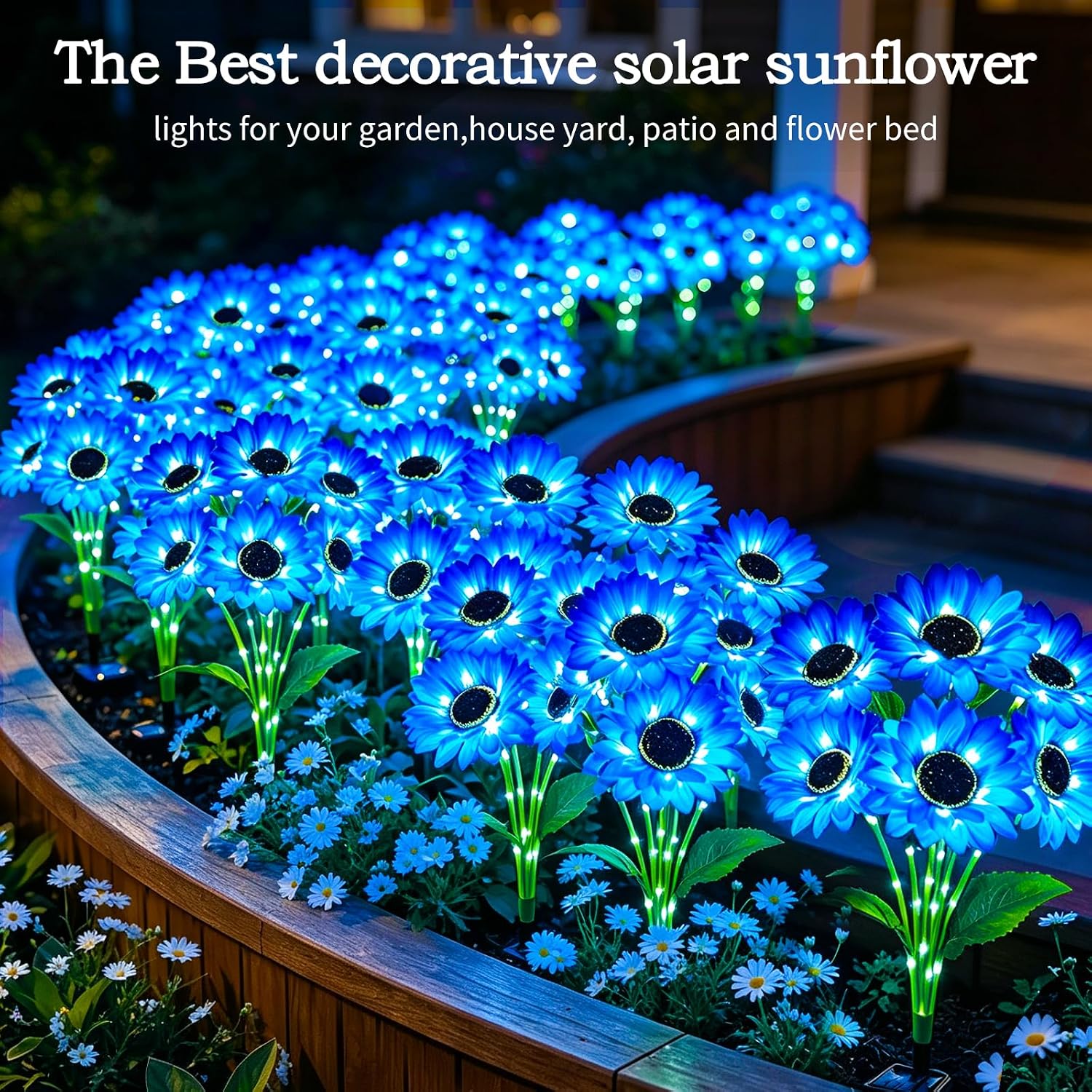 MRHEPHAESTUS Solar Garden Lights Outdoor, 6 Pack Solar Blue Sunflower Lights with 18 Head 3.5 Inch Flowers, Waterproof Flowers Light Fall Decor Auto ON/Off for Garden Yard Patio, Gifts for Mom Women