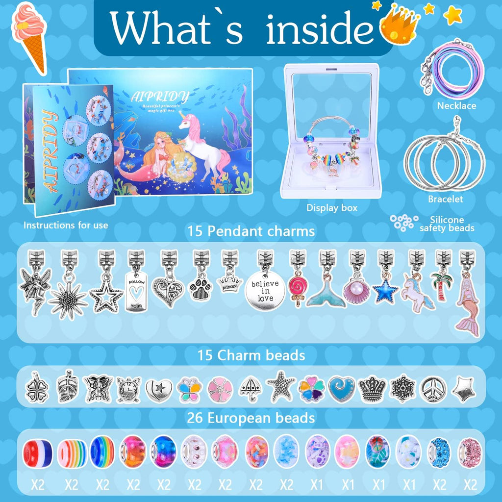 AIPRIDY Charm Bracelet Making Kit,Unicorn Mermaid Crafts Gifts Set Can Inspires Imagination and Creativity,Jewelry Making Kit Perfect Gifts for Girls 5-12 Years Old(72 Pieces Mermaid Aqua)