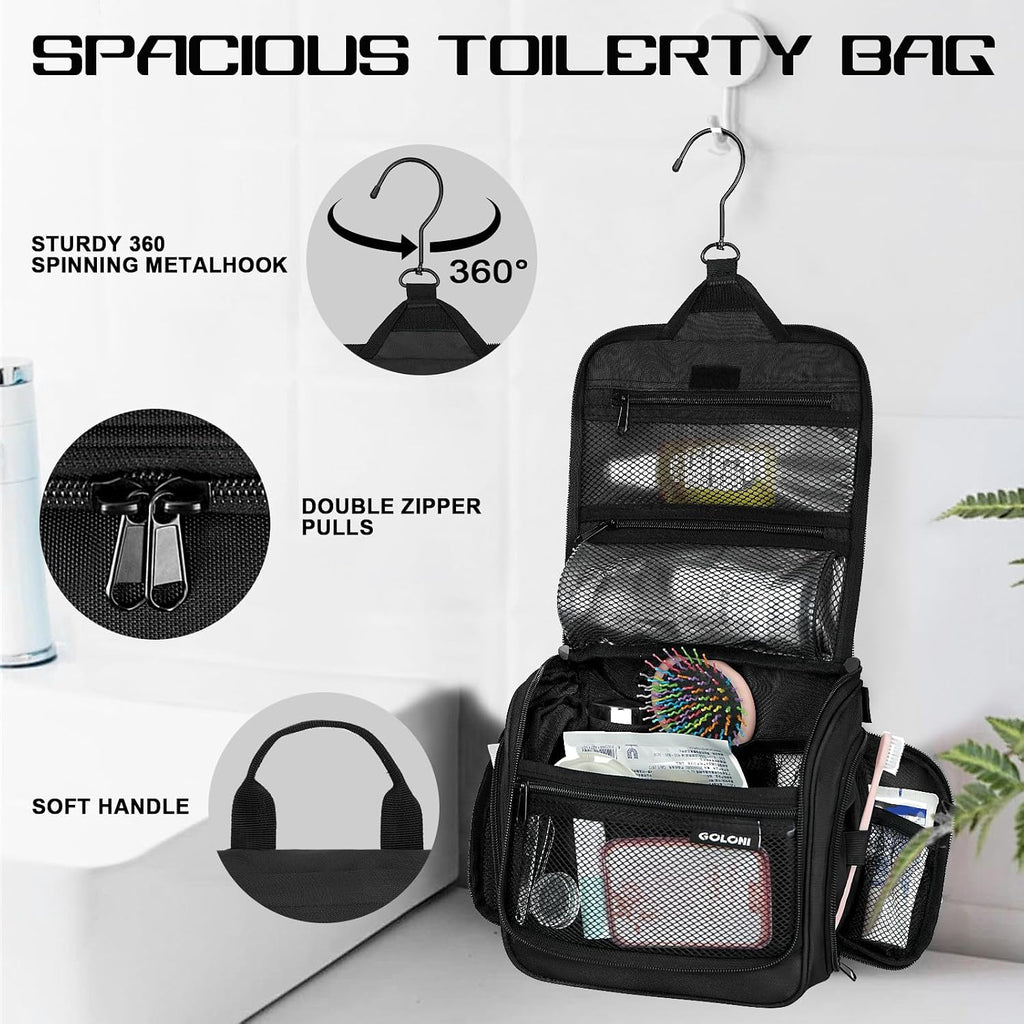 Goloni Hanging Toiletry Bag for Men Women, Water-Resistant Organizer,Black