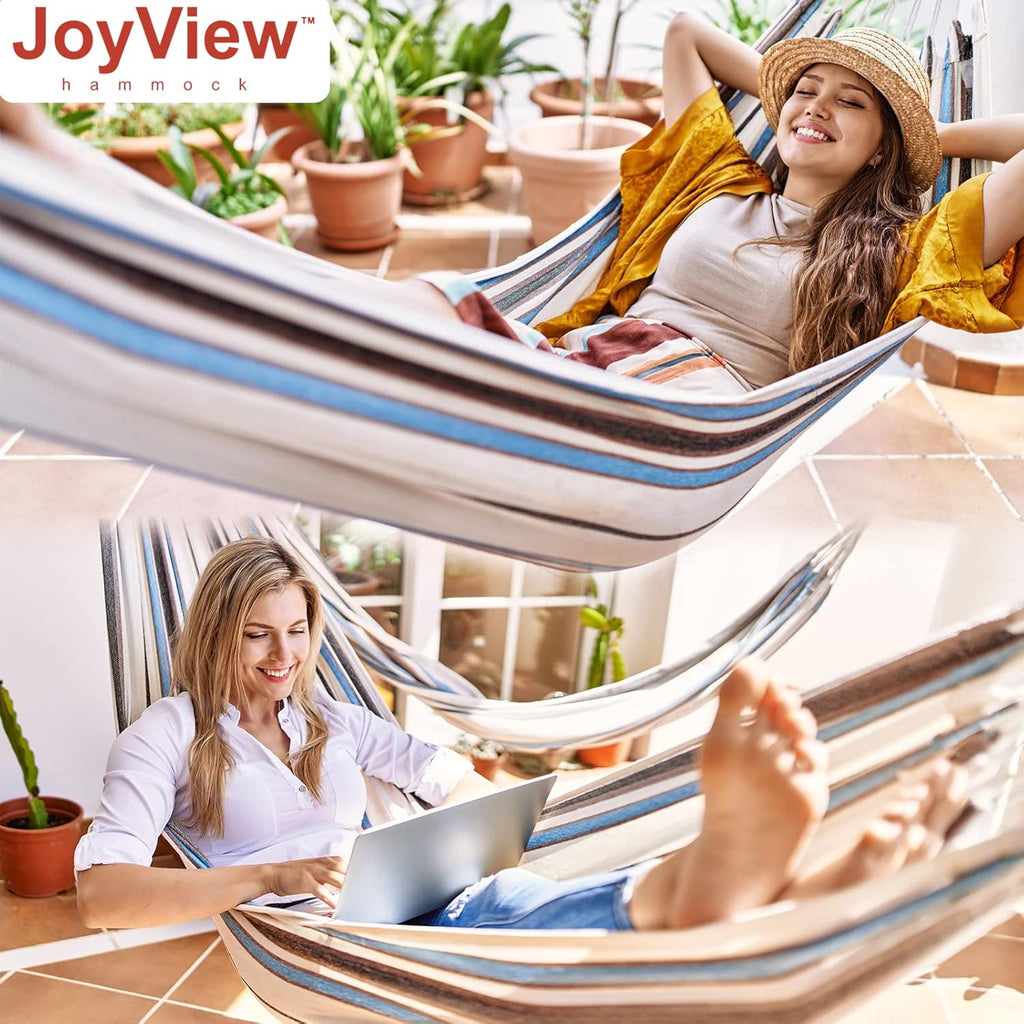 JoyView Brazilian Hammock for Single Person Portable Hammock with Hanging Ropes & Carry Bag Large 78.8x39.4” for Patio 300LBS Capacity Perfect for Outdoor/Indoor - Blue Stripes