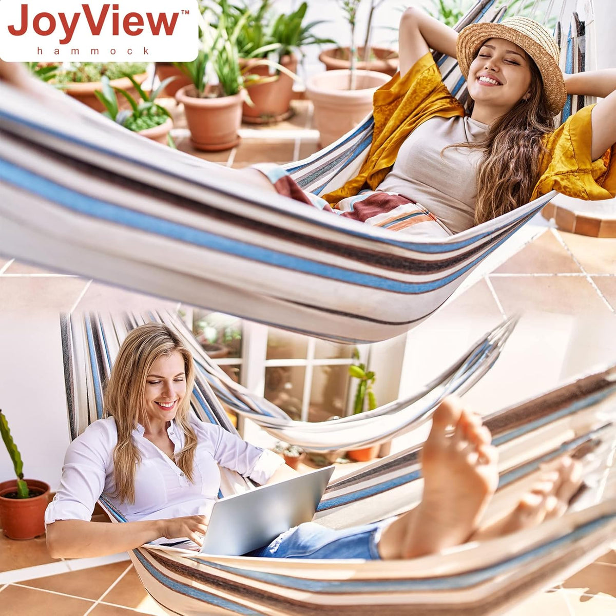JoyView Brazilian Hammock for Single Person Portable Hammock with Hanging Ropes & Carry Bag Large 78.8x39.4” for Patio 300LBS Capacity Perfect for Outdoor/Indoor - Blue Stripes