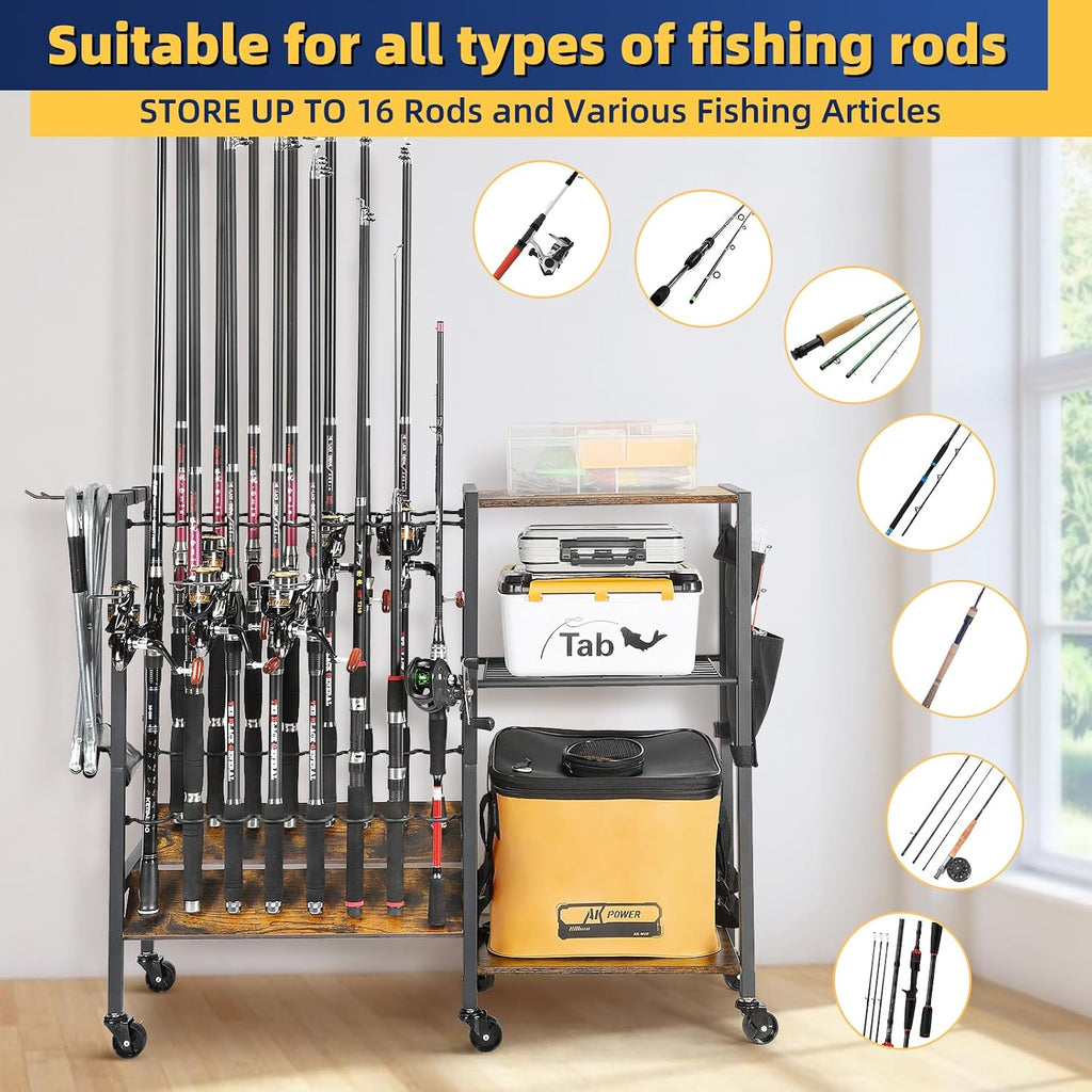 Olakee Fishing Rod Holders, Rolling Fishing Rod Rack for Garage & Boat, Tackle Box & Reel Holder Cart, Easy Assembly Fishing Gear Management System, Ideal Birthday Gift for Men Dad Anglers