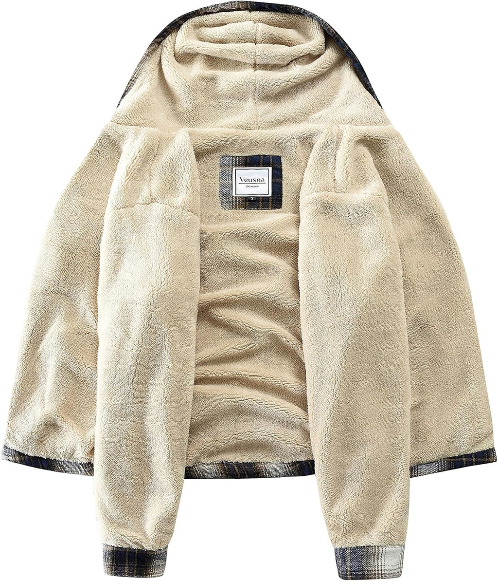 Men's Zip Up Flannel Shirt Jacket Fleece Lined with Hood