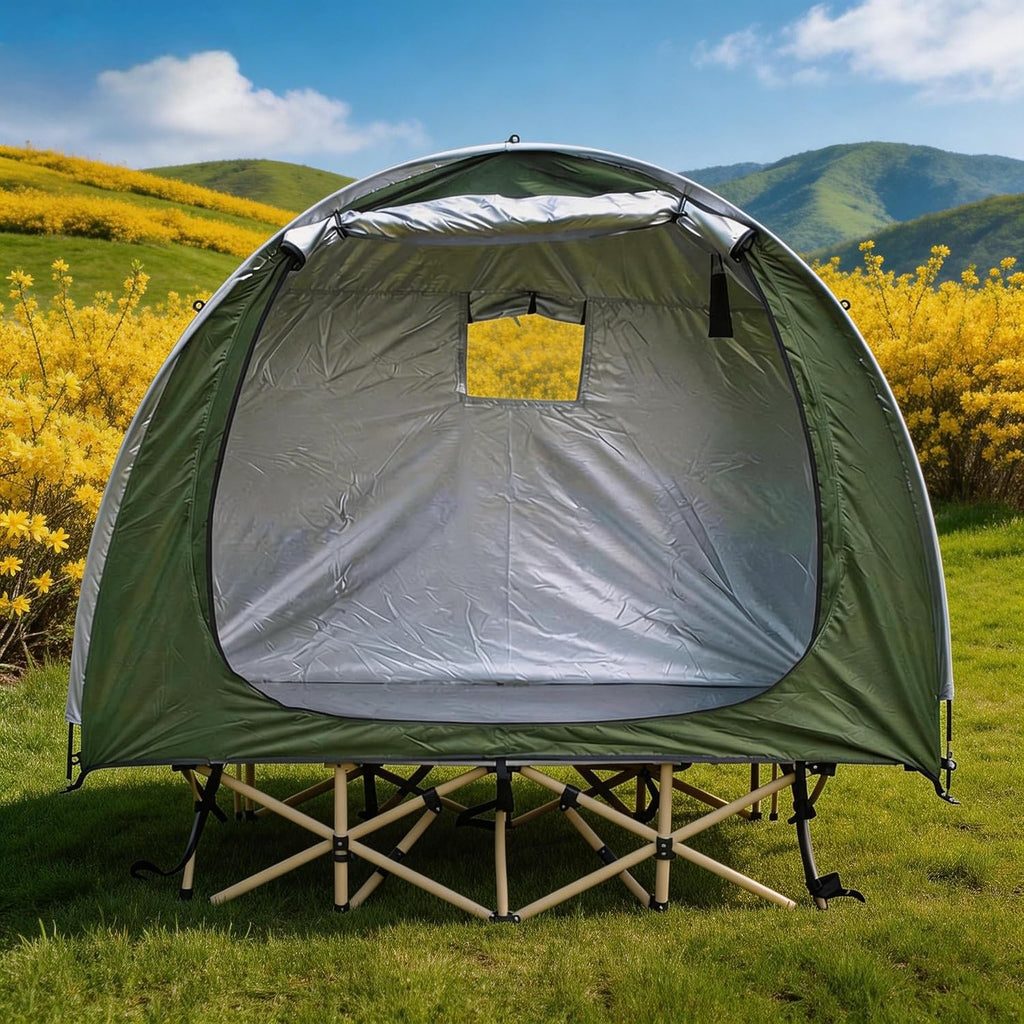 1 Person Solo Cot Tent (Bed Not Included), 210D Silver Fabric, Waterproof, Compact Portable Camping Shelter
