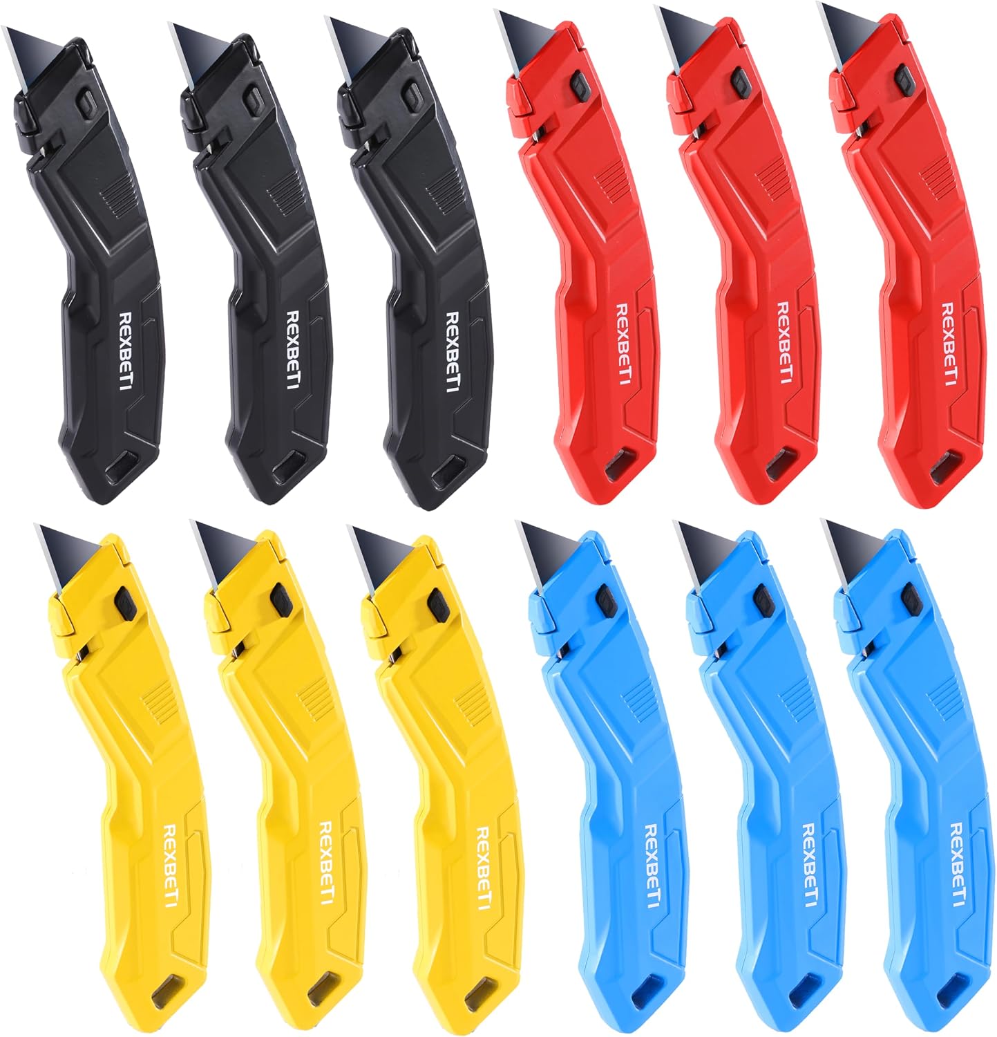 REXBETI 4-Pack 4-Color Box Cutter, Retractable Utility Knife, 14 SK2 Blades