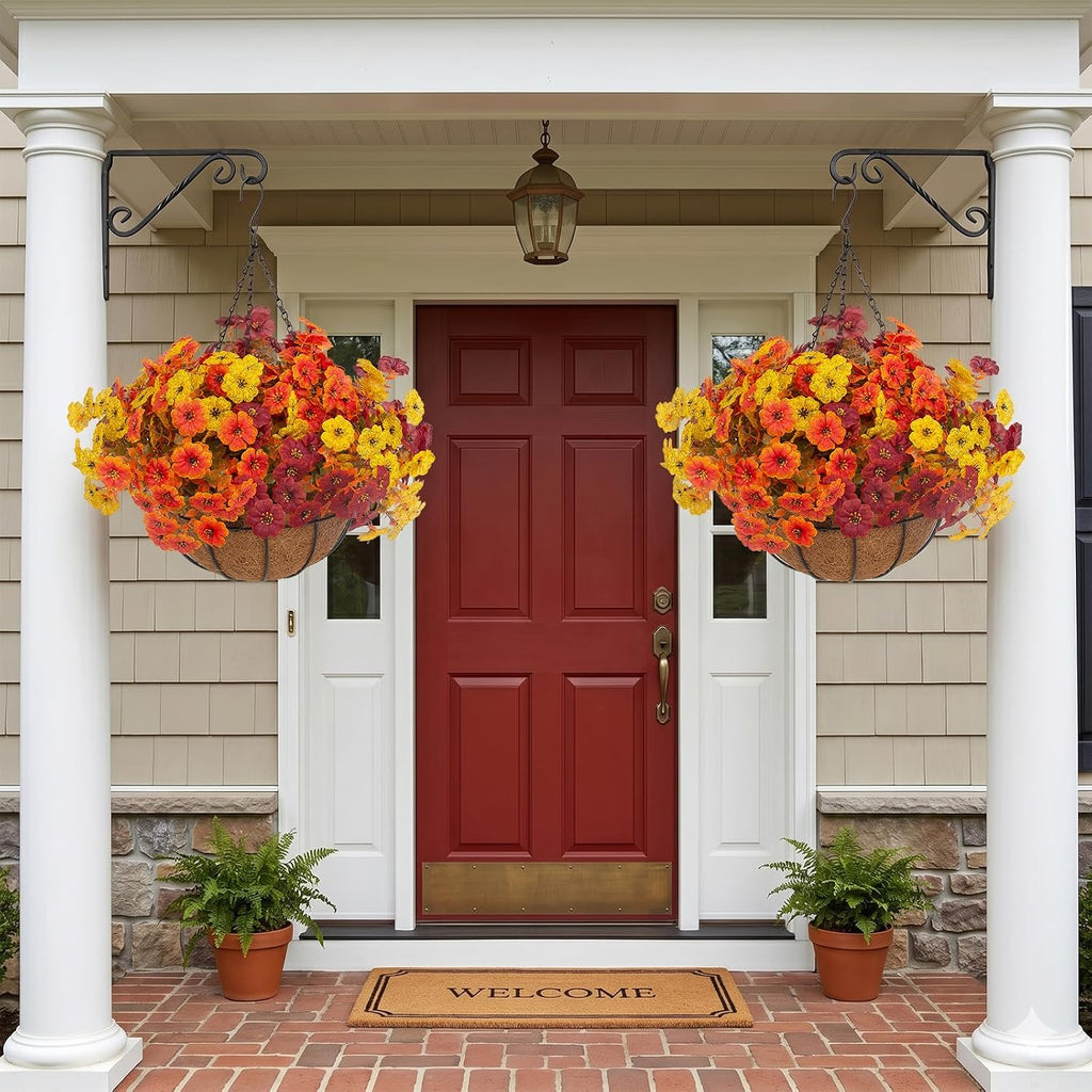 Hananona 2 Set Artificial Outdoor Fall Flowers with Hanging Basket, 2 Packs Hanging Planters with 24 Pcs Faux Fall Mums for Autumn Front Porch Garden Patio Home Decor (2, Orange,Yellow,Burgundy)