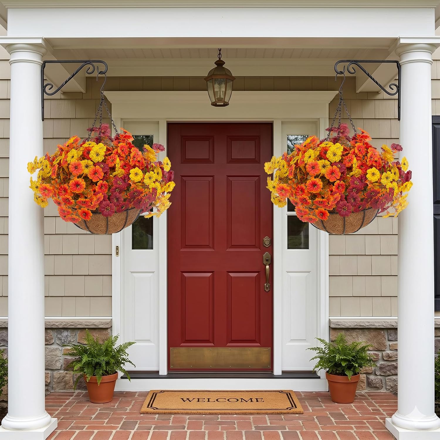Hananona 2 Set Artificial Outdoor Fall Flowers with Hanging Basket, 2 Packs Hanging Planters with 24 Pcs Faux Fall Mums for Autumn Front Porch Garden Patio Home Decor (2, Orange,Yellow,Burgundy)