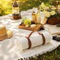 Boho Picnic Blanket with Leather Carry Strap, Extra Large White Outdoor Blanket with Fringe, Portable Sandproof Beach Mat for Camping, Park, Lawn & Photoshoot (71"x 71") (71 x 71 inches)