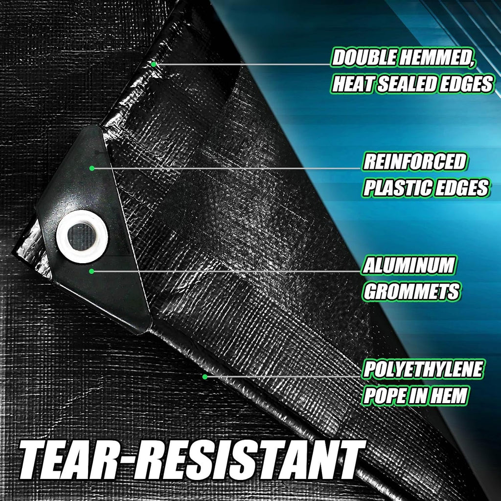 Black Tarps Heavy Duty Waterproof 10x12, 12 Mil Thick, High Durability, Rip and Tear Resistant with Metal Grommets Every 20 Inches