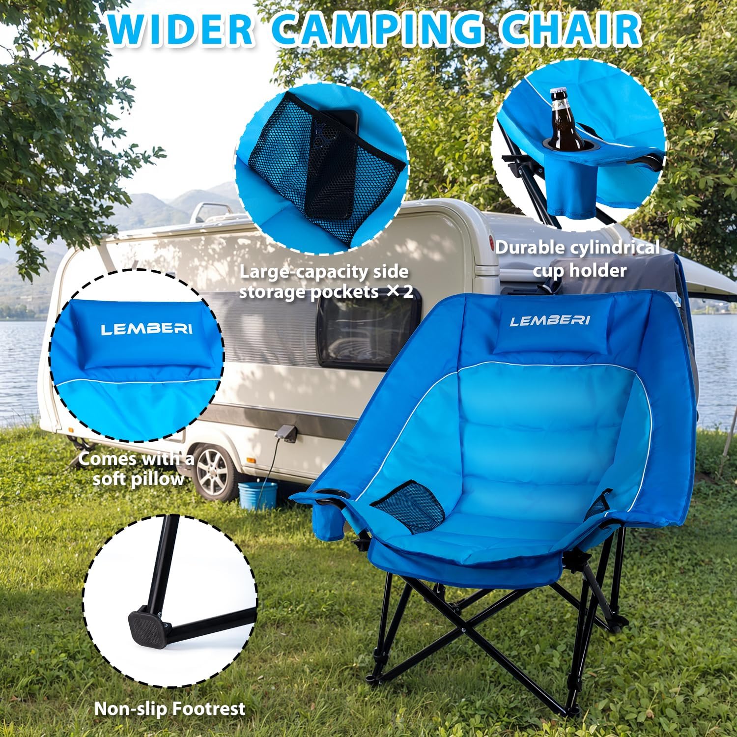 PRETZI Outdoor Oversized Camping Chair, Heavy Duty Support 500 LBS for Adults, Portable Folding Wide Lawn Chair with Headrest Support and Cup Holder, Low Camping Chair for Fishing, Garden, Blue