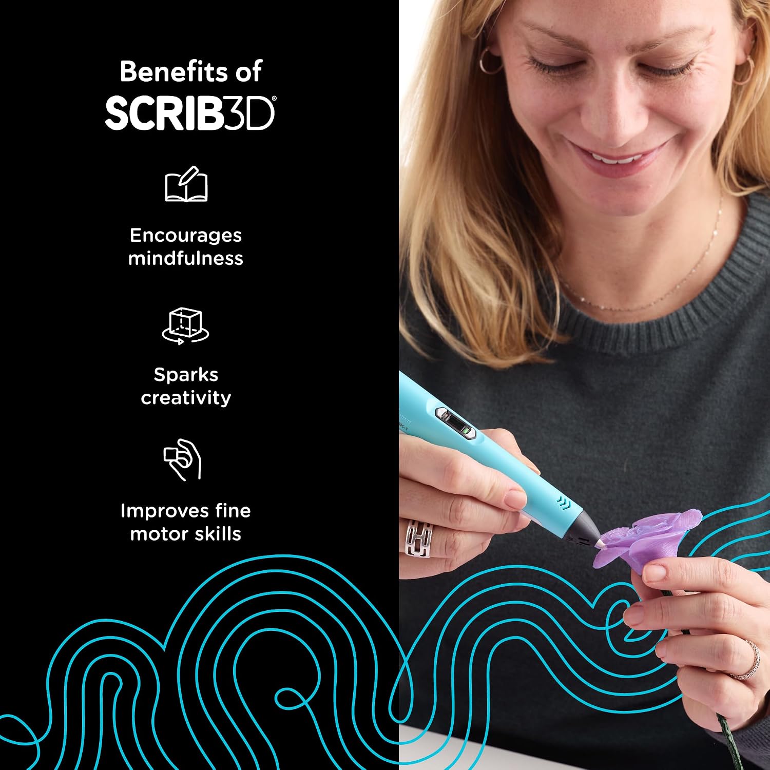 SCRIB3D P1 3D Printing Pen with Display - Includes 3D Pen, 3 Starter Colors of PLA Filament, Stencil Book + Project Guide, and Power Adapter