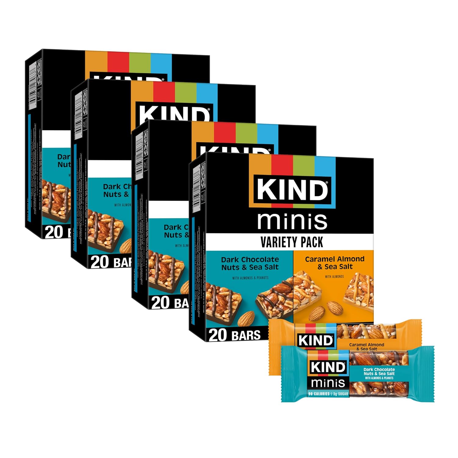 KIND Mini Snack Bars Variety Pack, Gluten Free, Low Sugar, Low Calorie Snacks, Dark Chocolate Nuts & Sea Salt, Caramel Almond & Sea Salt, Dark Chocolate Cherry Cashew, 80 Count