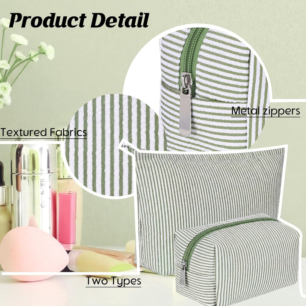 Huhumy 2 Pcs Makeup Bag Set for Women, Bean Green, Thin Stripe