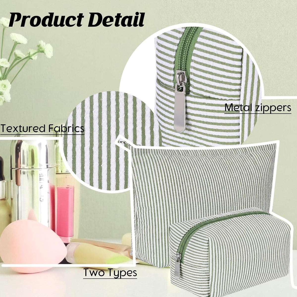 Huhumy 2 Pcs Makeup Bag Set for Women, Bean Green, Thin Stripe