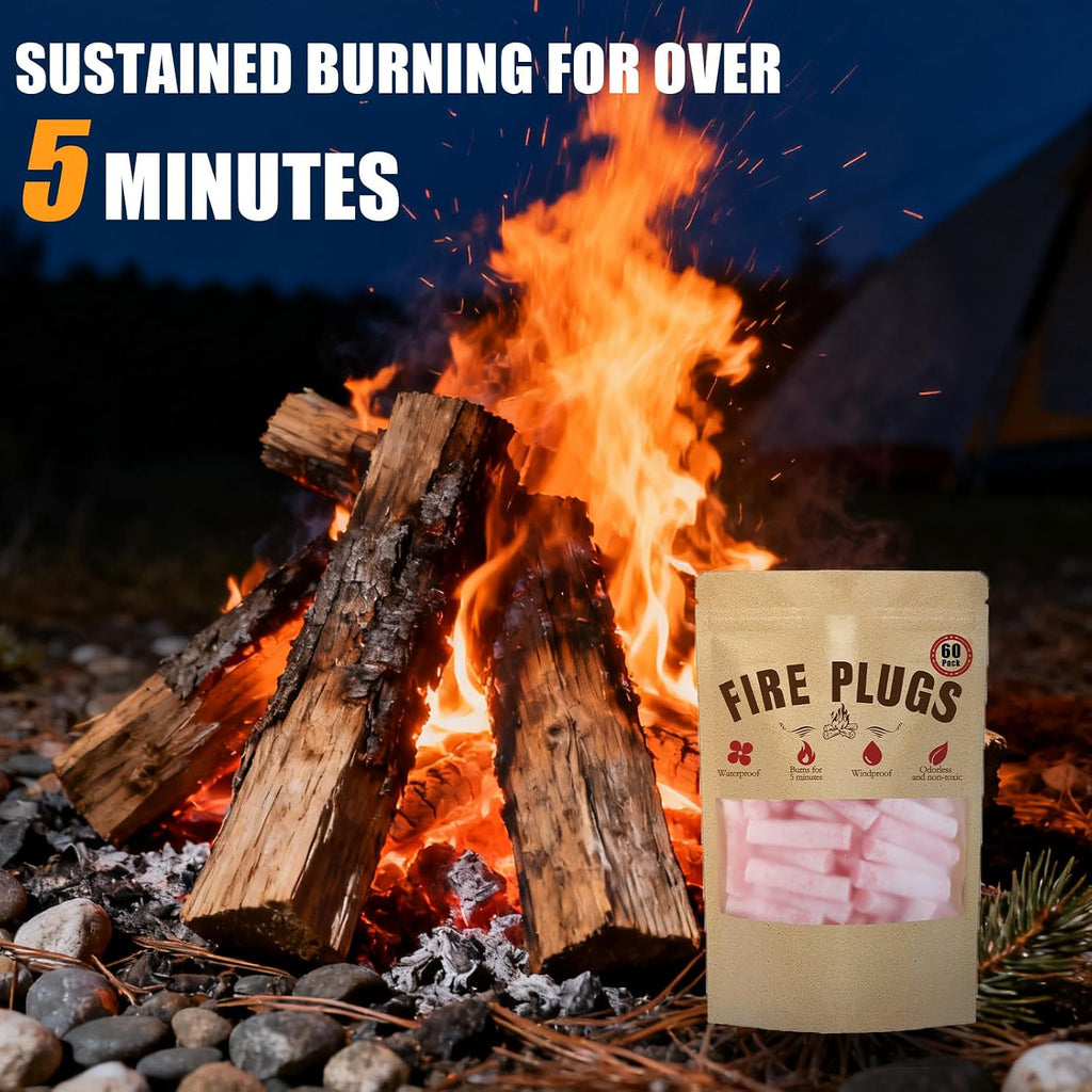 60 Pack Waterproof Fire Starters with 5+ Minute Burn Non-Toxic