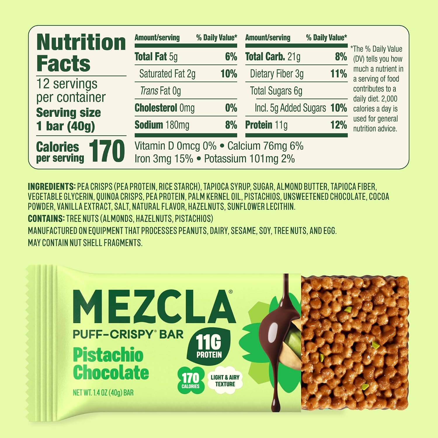 Mezcla Pistachio Chocolate Puff Crispy Vegan Bars, 11g Protein, 12 Bars