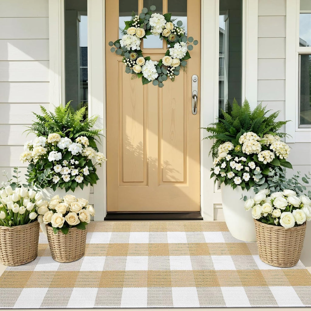 OLANLY Buffalo Plaid Rug 2'4" x 3'7" (27.5" x 43") – Beige and White Cotton Checkered Doormat, Washable Indoor Outdoor Rug for Layered Front Porch, Kitchen, Entryway Decor