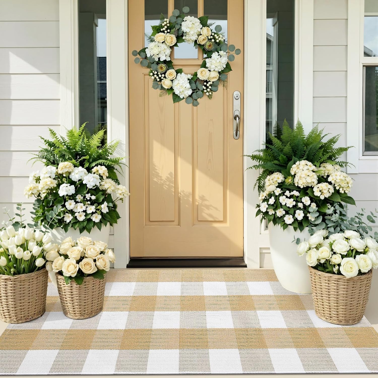 OLANLY Buffalo Plaid Rug 2'4" x 3'7" (27.5" x 43") – Beige and White Cotton Checkered Doormat, Washable Indoor Outdoor Rug for Layered Front Porch, Kitchen, Entryway Decor