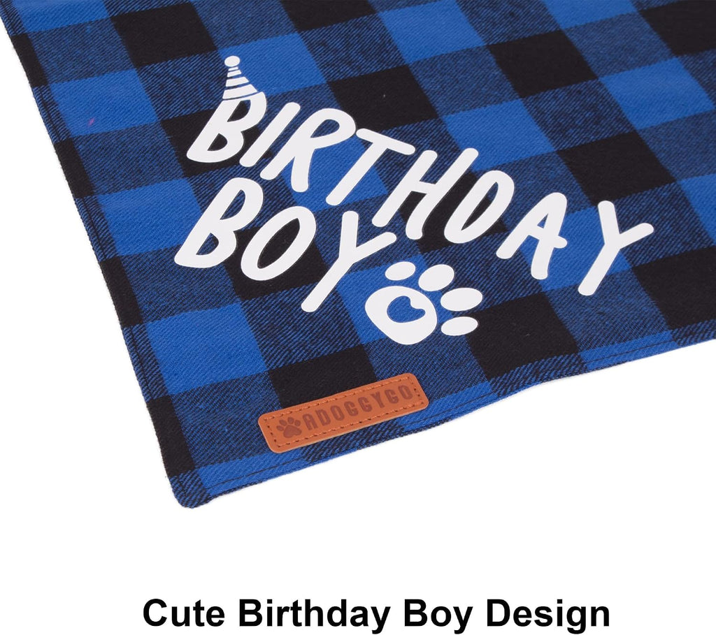 ADOGGYGO Dog Birthday Hat Bandana Set, Blue Plaid Boy Dog Bandana, X-Large