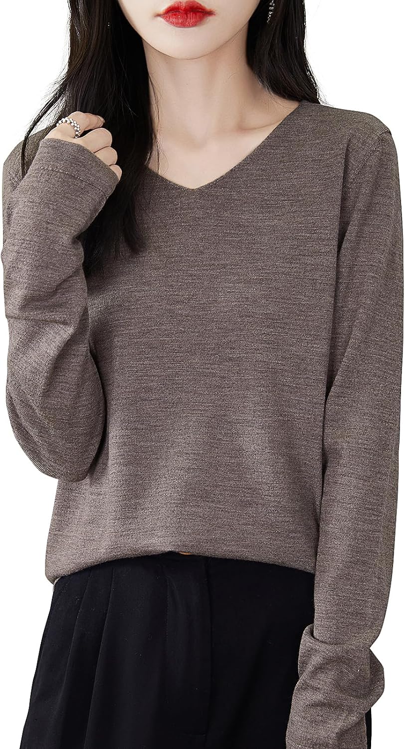 Chanyarn Women's 100% Merino Wool Base Layer Shirt Tops V Neck Long Sleeve Travel Hiking Tee T Shirt Pullover Sweater