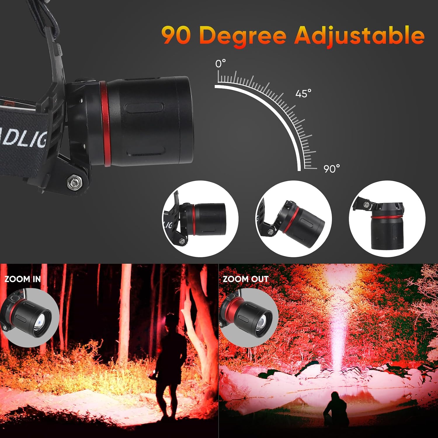 WINDFIRE Red Light Headlamp Rechargeable Red Hunting Head Light Zoomable