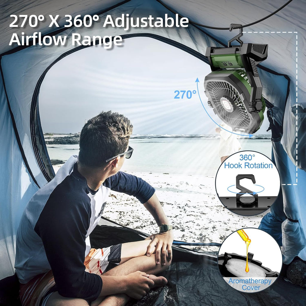 Camping Fan Rechargeable, 20000mAh Battery Powered Portable Fan with LED Light, 4-Speed 180° Adjustable, Camping Essentials for Tent, Travel, Car, Outdoor, Indoor, BBQ, Fishing, Jobsite - Green
