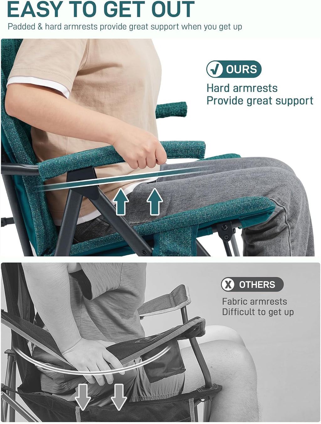 EVER ADVANCED Oversized Rocking Camping Chair, Padded Folding Rocker for Adults with Hard Armrests, 400lbs Heavy Duty Portable Chair for Patio, Lawn and Outdoors, Forest Green