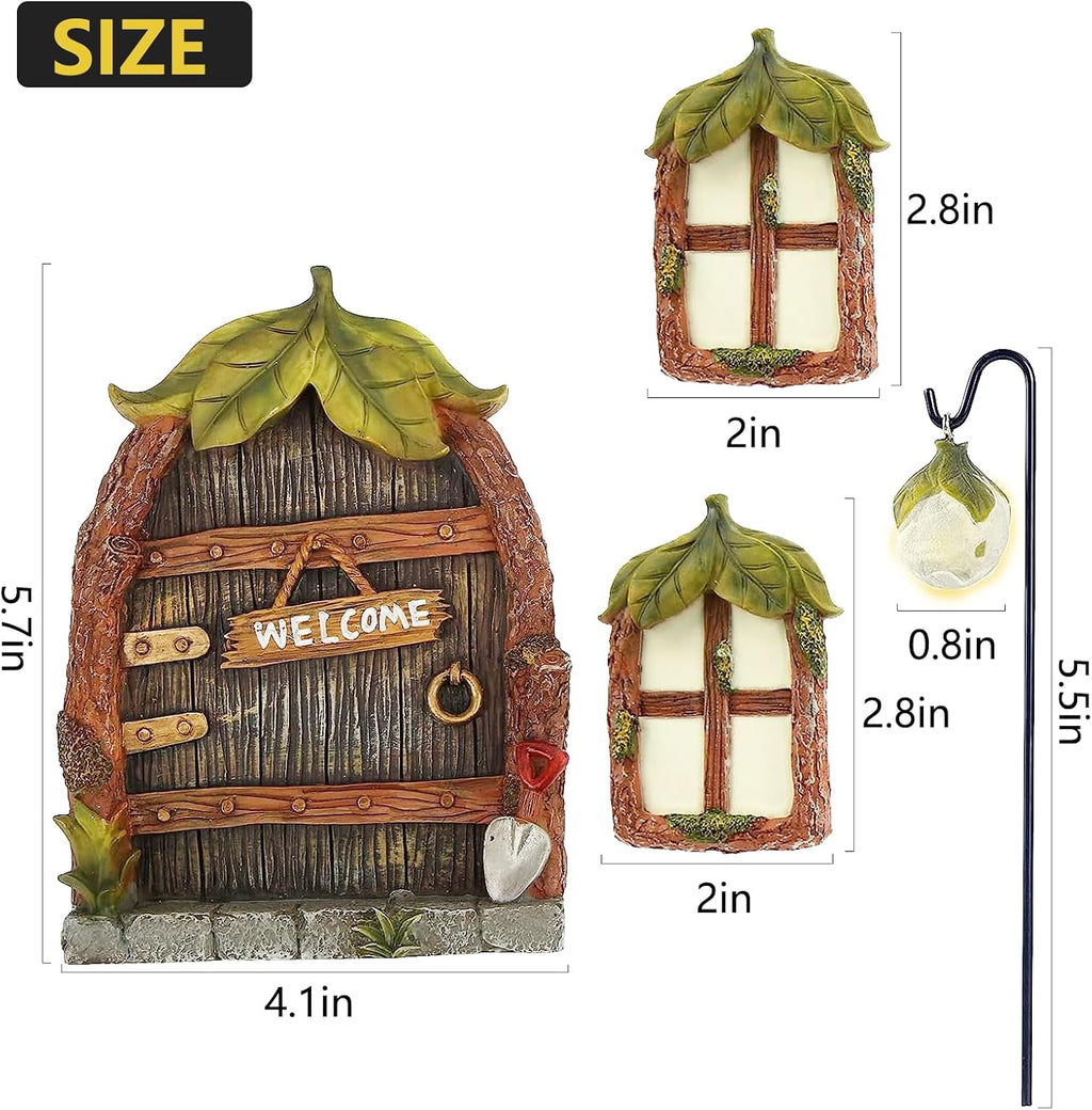 Miniature Fairy Garden Accessories Fairy Door and Windows for Trees, Glow in The Dark Yard Sculpture Lawn Ornament Mini Garden Art Outdoor Decor Accessories with Lantern