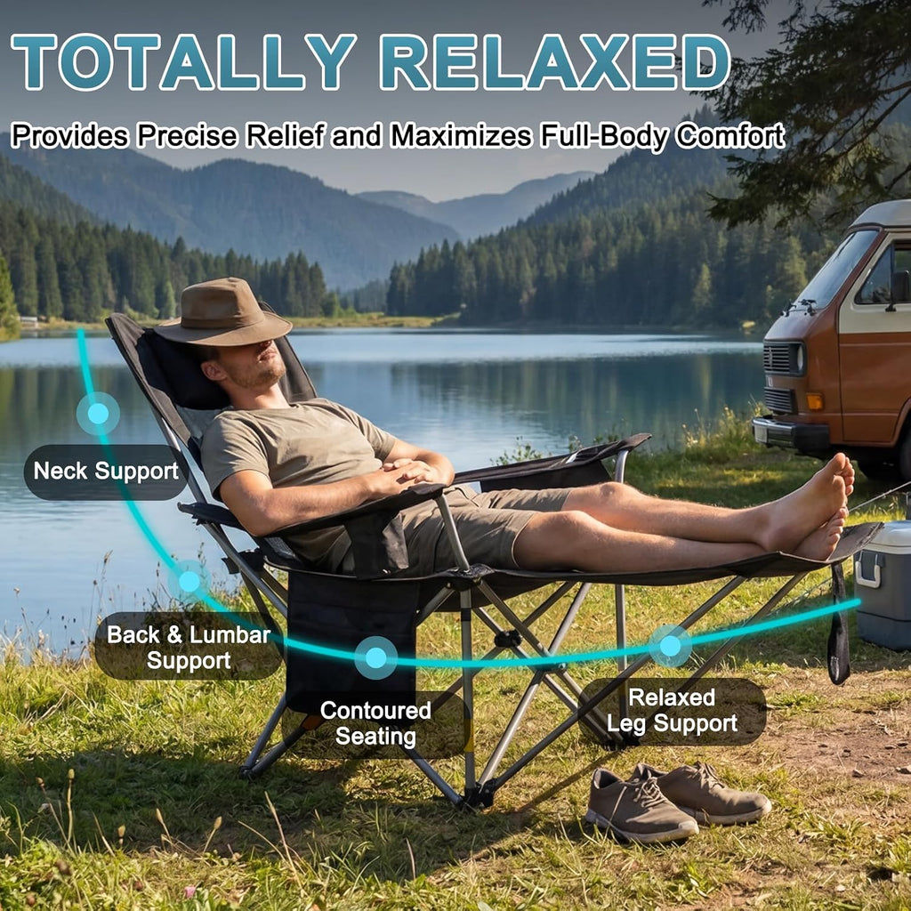 Romswi 2 Pack Reclining Camping Chairs with Removable Footrests, 4-Position Adjustable Lounge Chairs, 300 LBS Heavy Duty Folding Chairs with Cooler Bag, Cup Holder & Carry Bag, Mesh Black