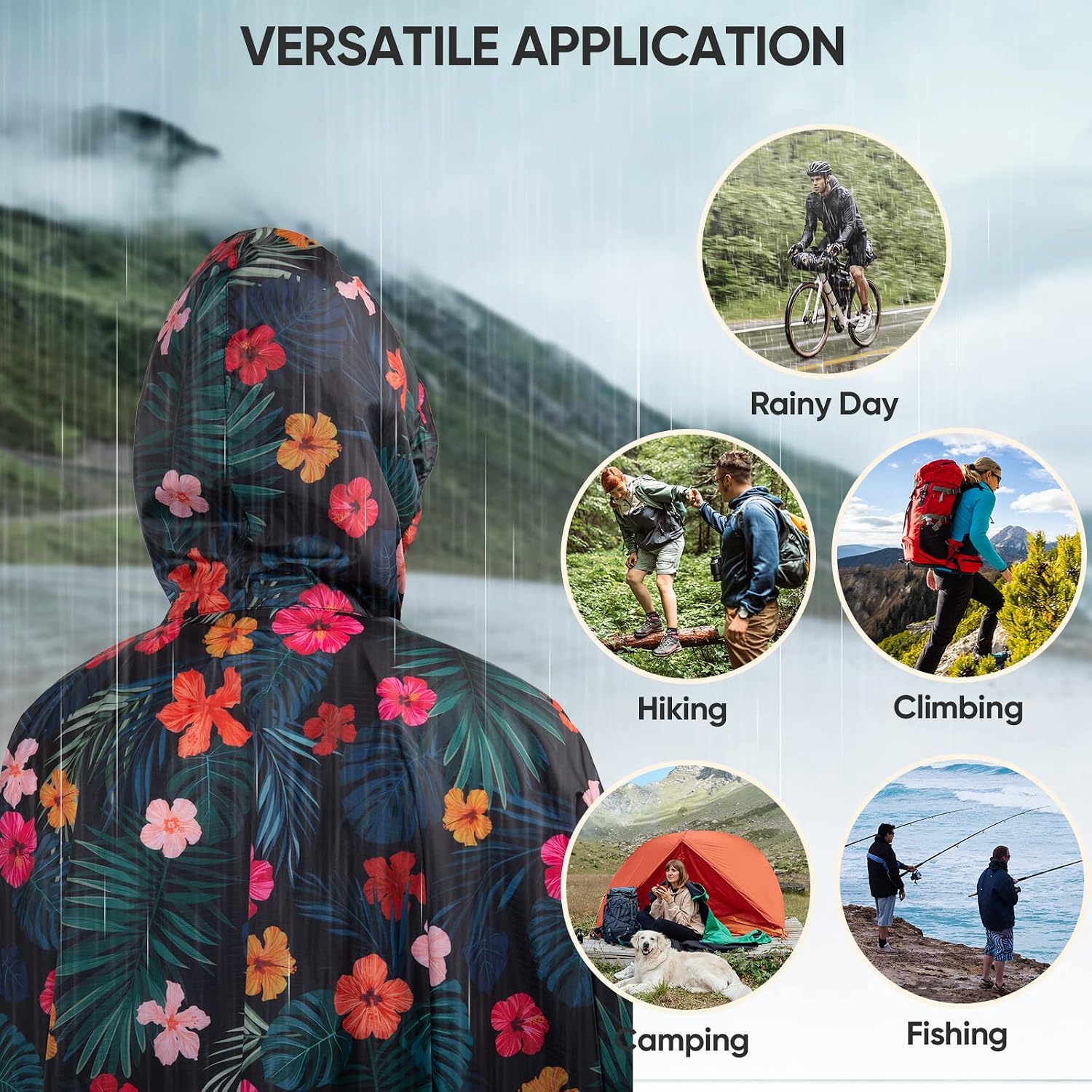 PTEROMY Hooded Rain Poncho for Adults, Reusable Waterproof Raincoat