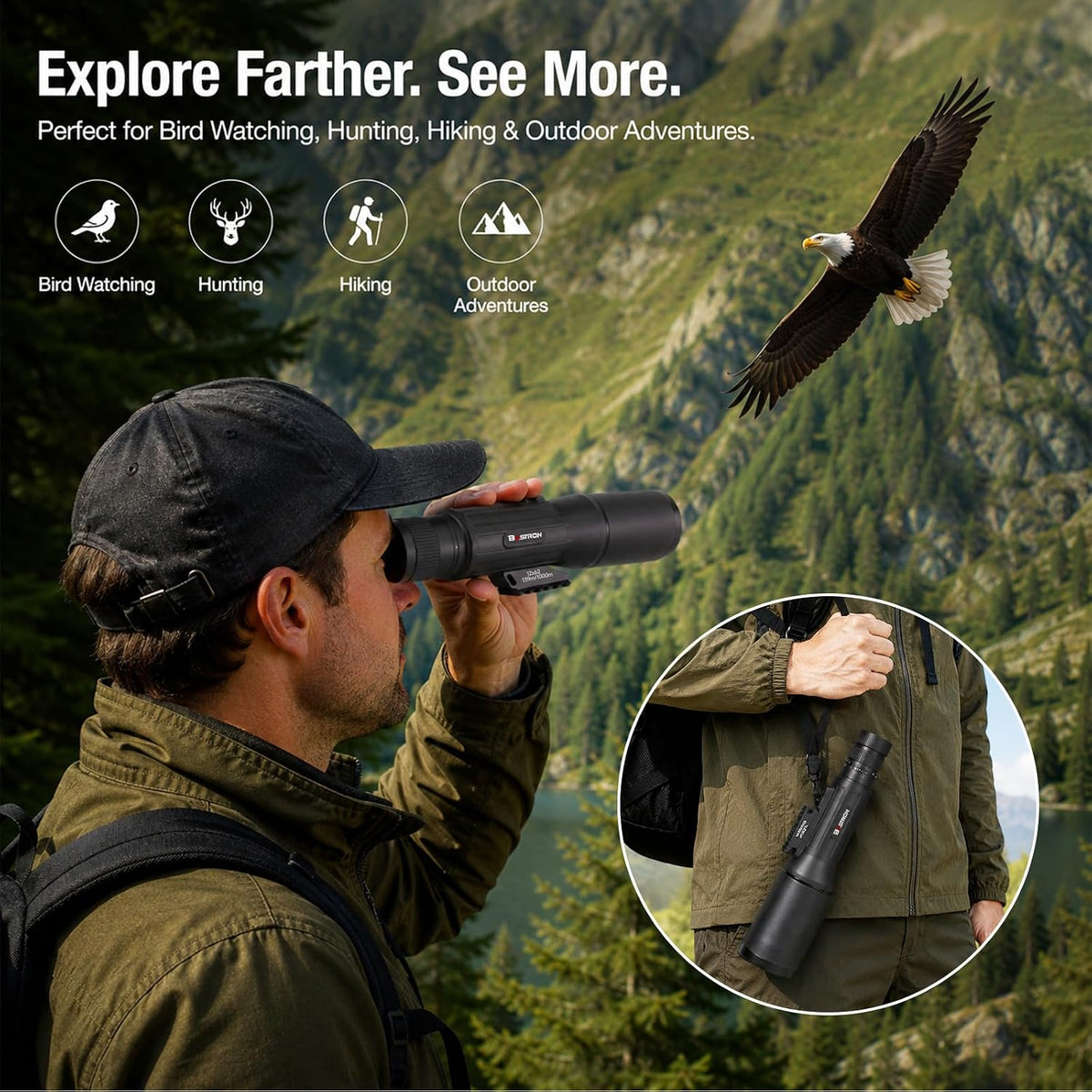 12X62 HD Monocular Telescope with Tripod for Adults Bird Watching, Black