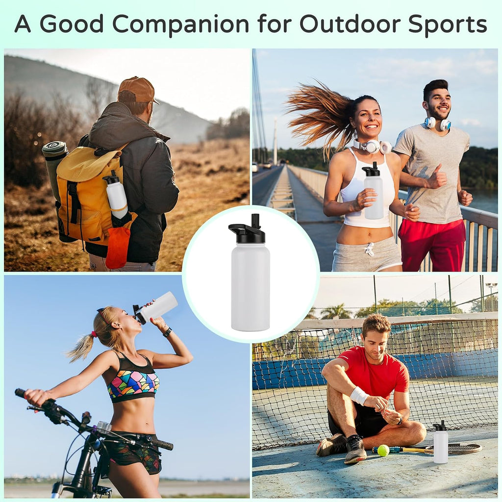 DOMICARE 32 oz Insulated Water Bottle Bulk, Vacuum Insulated Stainless Steel Sports Water Bottle with Straw Lid & Spout Lid, Leakproof, Reusable - Travel, Camping, Bike, White (4 Pack)