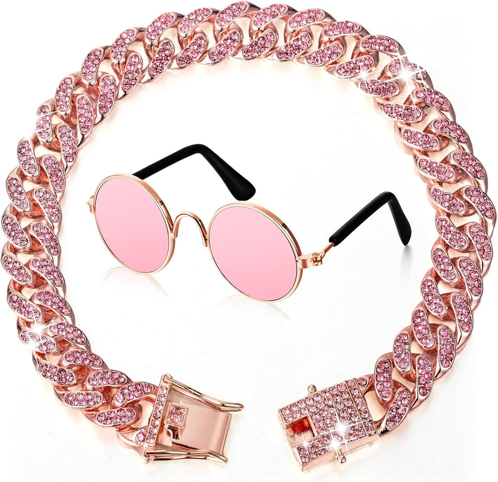 Xuniea 2 Pieces Cat Dog Chain Collar and Sunglasses Set Rhinestone Necklace with Secure Buckle Round Glasses for Doll Cat Dog Pet Accessories(10 Inch,Rose Gold, Pink)