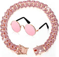 Xuniea 2 Pieces Cat Dog Chain Collar and Sunglasses Set Rhinestone Necklace with Secure Buckle Round Glasses for Doll Cat Dog Pet Accessories(10 Inch,Rose Gold, Pink)