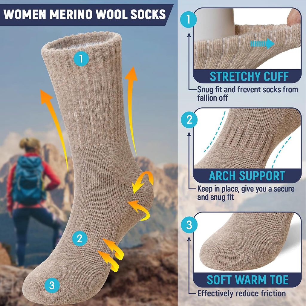 DoSmart Womens Merino Wool Hiking Socks Thermal Warm Walking Boot Winter Crew Cushion Work Socks 5 Pairs