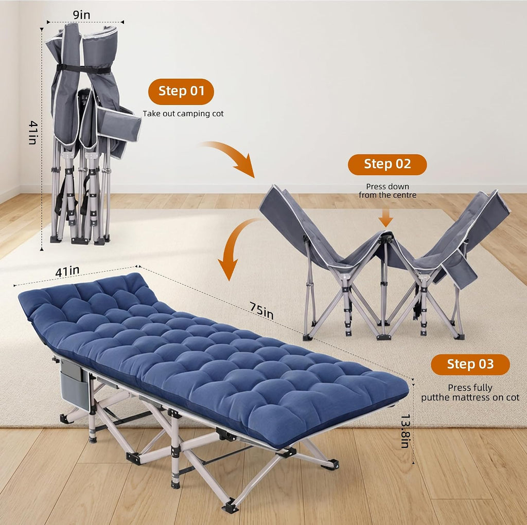 Camping Cot for Adults 2 Pack, Heavy Duty Folding Sleeping Cots with Carry Bag, Portable Camp Bed with Double Layer 1200D Oxford Fabric & Mattress, Travel Cot for Camping, Beach, Patio, Home Office