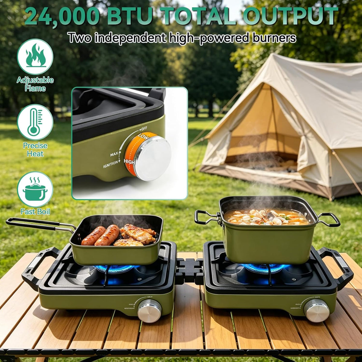 2 Burner Portable Propane Camping Stove Kit, 24000 BTU Foldable Hiking Stove with Frying Pan, Pot, Windshield & Carry Bag, Outdoor Cookware Camp Cooking Set for Tailgating, BBQ, Picnic, Green