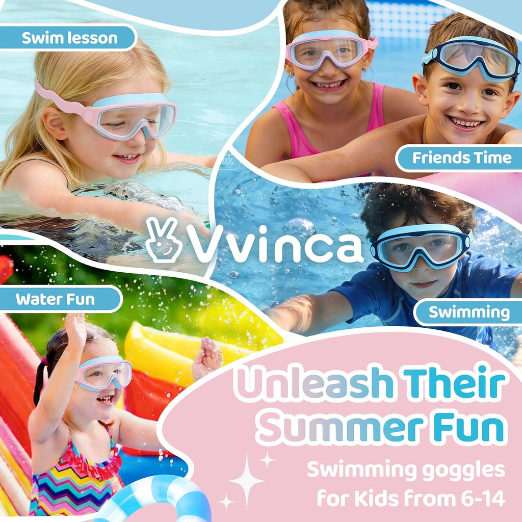 Vvinca Kids Swim Goggles for 3-15，Kids Goggles with Wave-Shape Strap