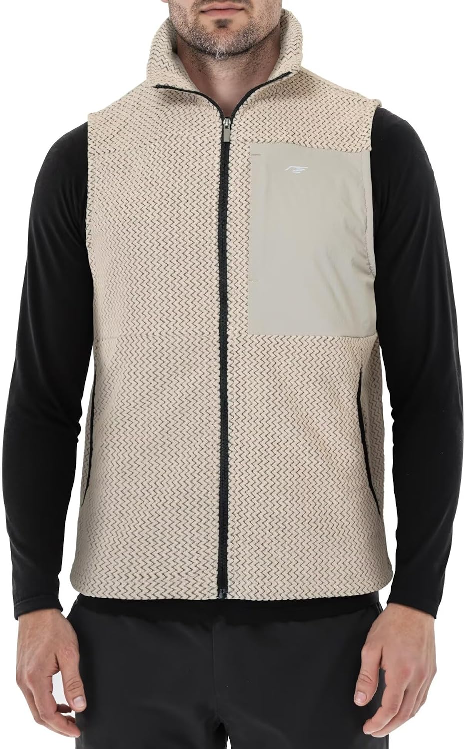Mens Fleece Vest Mock Neck Full Zip Textured Sleeveless Jacket with Zippered Chest Pocket Active Fit Hiking Golf Top