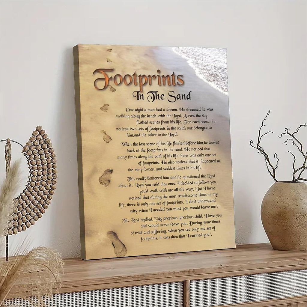 Footprints in the Sand Religious Canvas Wall Art Posters, Inspirational Beach Sunset Poem Print Poster (Framed 20x30inch, Footprints(3))