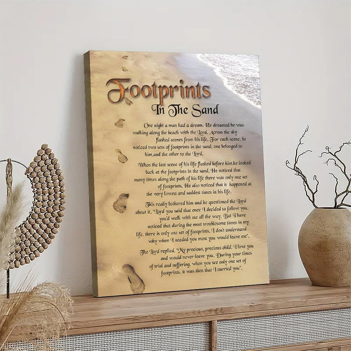 Footprints in the Sand Religious Canvas Wall Art Posters, Inspirational Beach Sunset Poem Print Poster (Framed 20x30inch, Footprints(3))