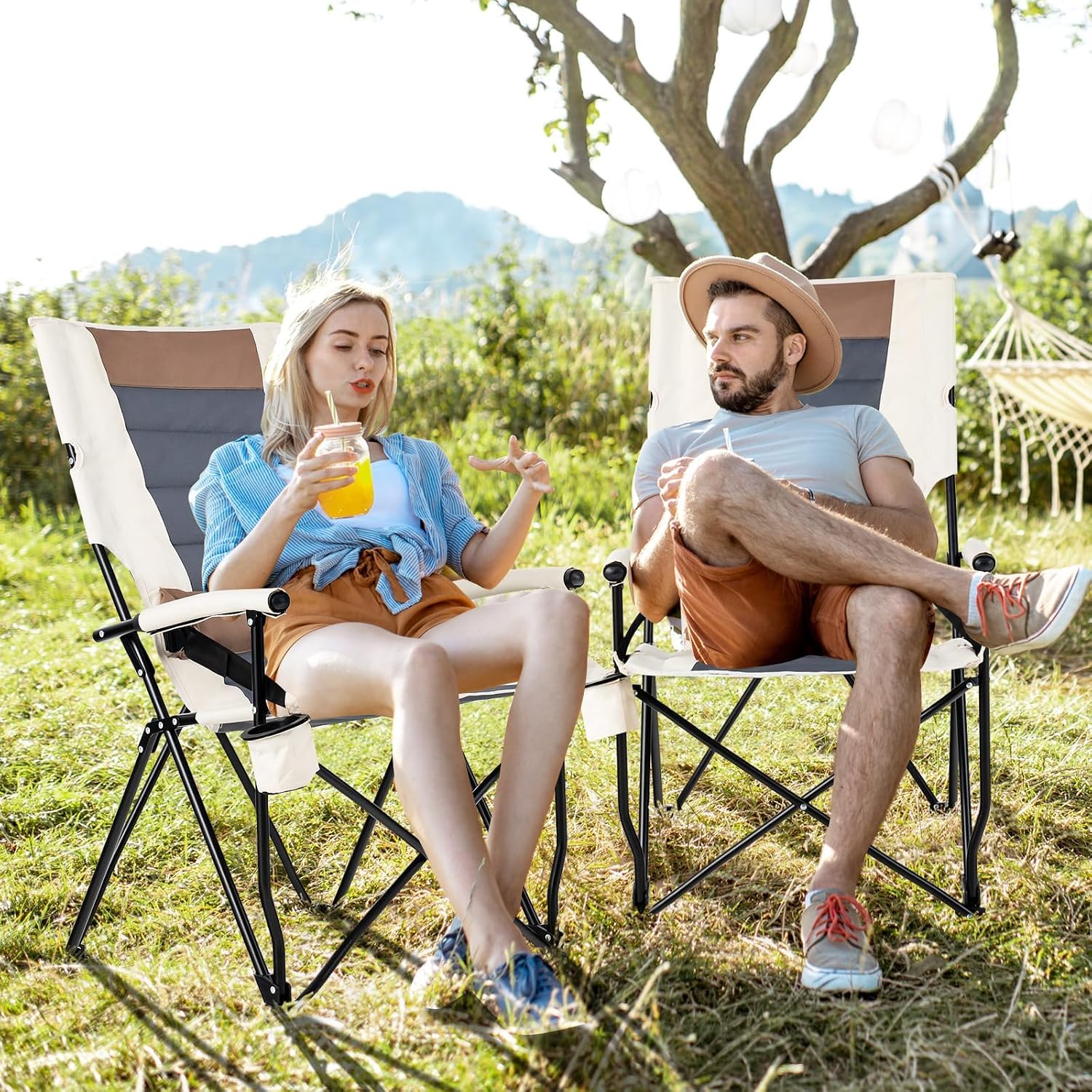 HAPPYGRILL Folding Camping Chair with Carrying Bag, Portable Lawn Chair with Cup Holder, 330 LBS Outdoor Chair for Outside Fishing Travel Swimming Picnic
