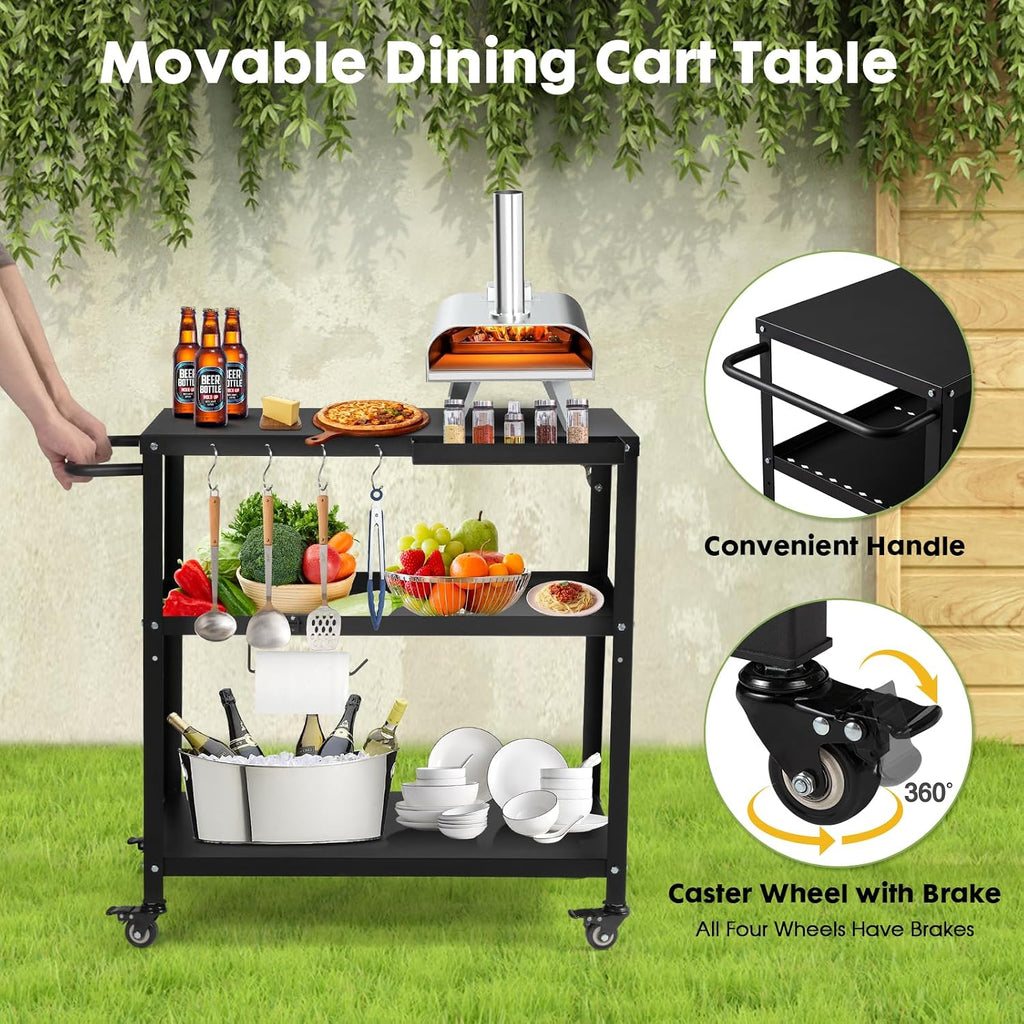 Outdoor Grill Cart Table, Pizza Oven Stand with Casters, Black