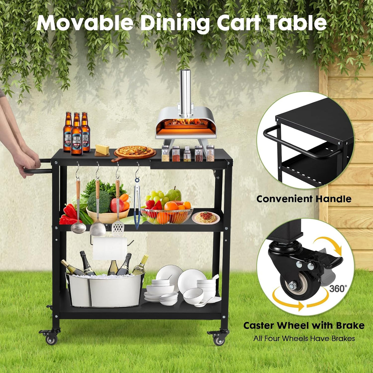 Outdoor Grill Cart Table, Pizza Oven Stand with Casters, Black
