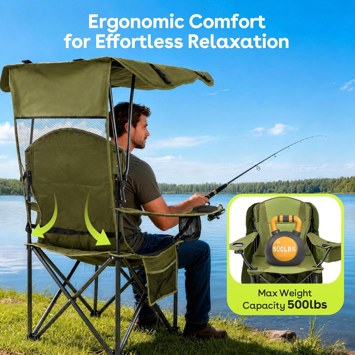 Suteck Camping Chair with Canopy Shade, Folding Outdoor Beach Chairs, Green