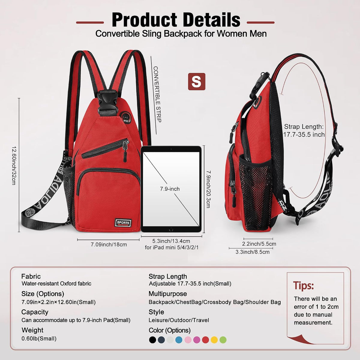 Crossbody Backpack Convertible Sling Bag for Women Men with Adjustable Strap Small Casual Daypack for Hiking Traveling (Small, 11-Inch, Red)