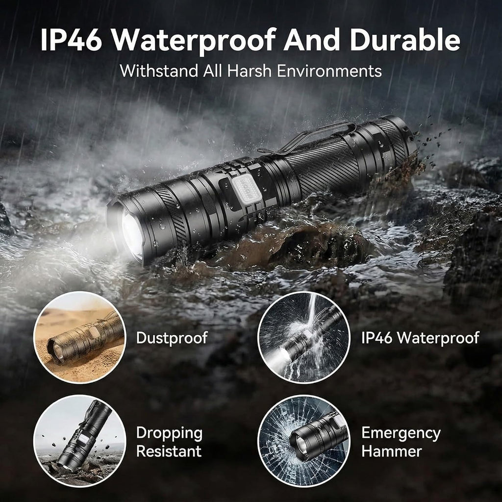 SuperFire Tactical Flashlight Rechargeable, USB-C 2300 Lumens LED Flashlight with Zoom, 5 Modes, IP46 Waterproof for Camping, Emergency & Power Outages