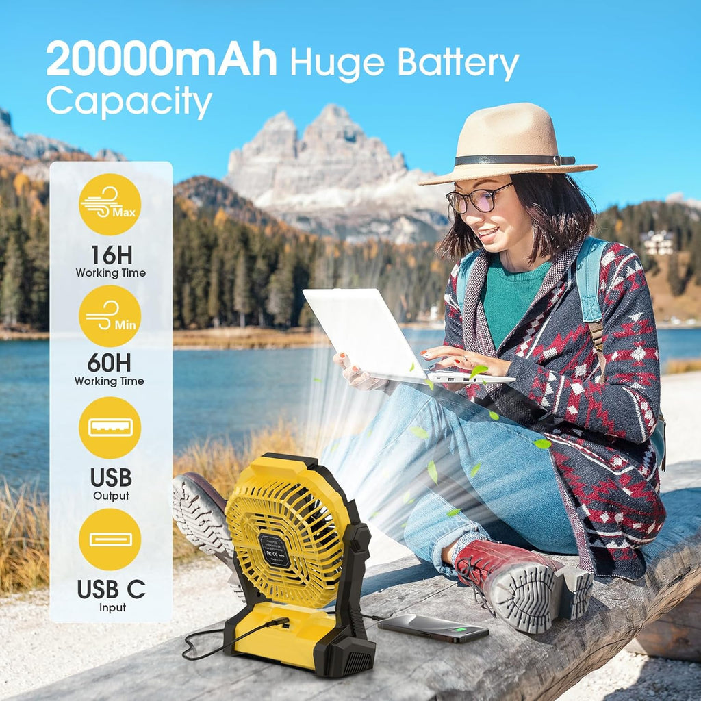 Portable Fan Rechargeable 20000mAh Cordless Battery Powered Camping Fan